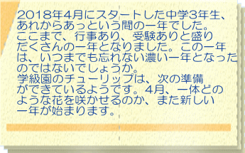 あれからあっという間の一年でした。 ここまで、行事あり、受験ありと盛りだくさんの 一年となりました。この一年は、いつまでも忘れない 濃い一年となったのではないでしょうか。2018年に咲いた チューリップも次の芽吹きの準備ができているようです。